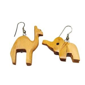 Wooden Elephant-Camel Dangle Earrings Fish Hook Hand Carved Safari Bohemian Vtg